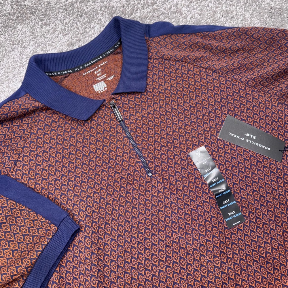 Shaquille O'Neal XLG Quarter Zip Polo Mens Geometric Print Blue Orange 2XLT NEW